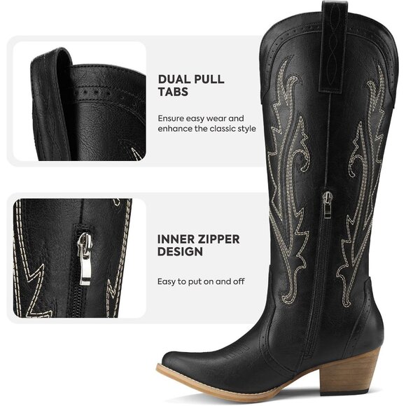 Women's Black Leather Embroidered Knee Chunky High Heel Western Pointy Toe Boot - Picture 2 of 5